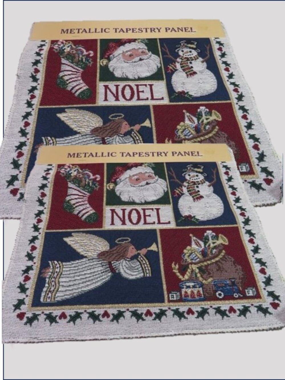 Vtg Patchwork Noel Santa Snowman Metallic Tapestry 2 Panel Pair 12x12 Holiday